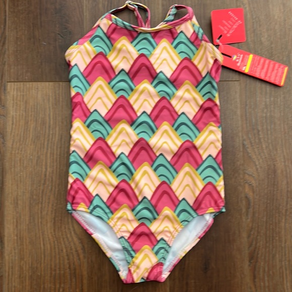 NWT Large one piece swim suit Bathing suit Adj straps red yellow and green lined - Picture 4 of 8